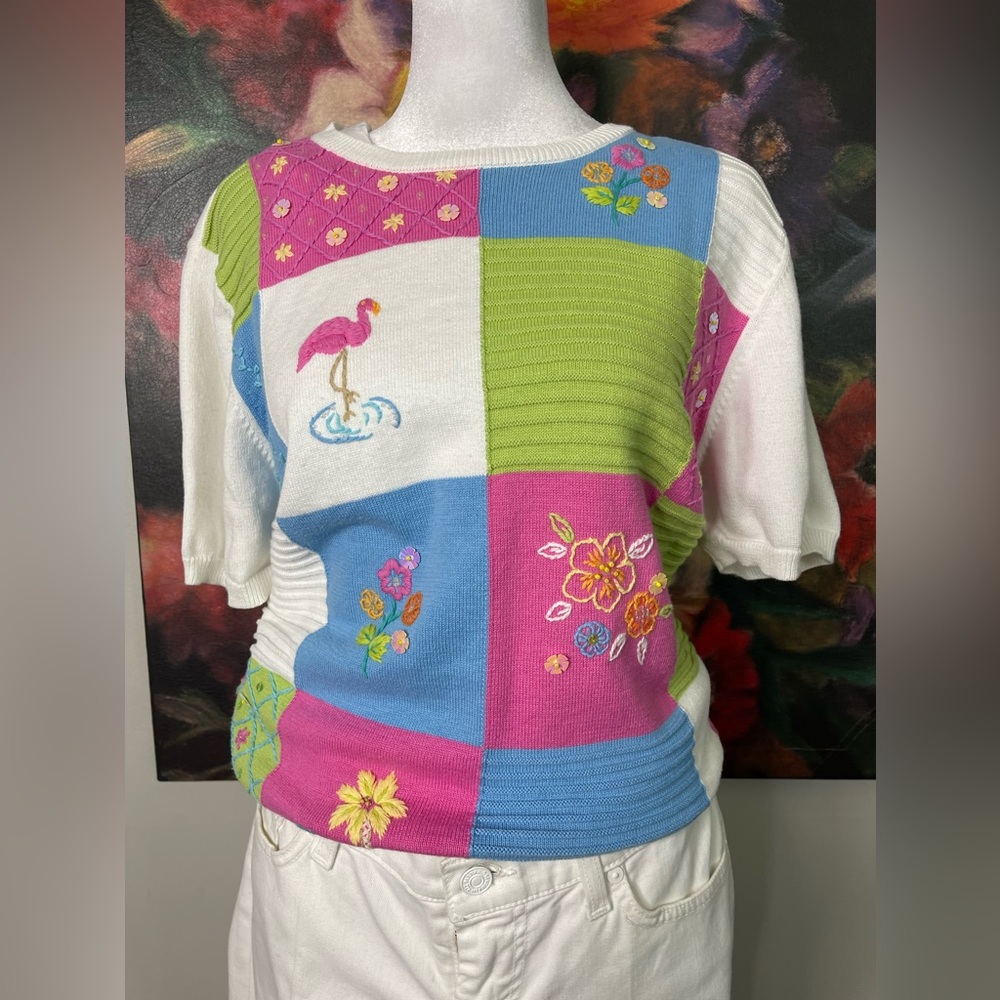 Alfred Dunner 80s Knit Patchwork Top Flamingos Grandma Cottagecore embroidered L